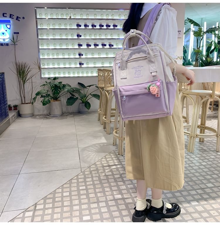 Set Nylon Charm Backpack Embroidered Bag Tone / Two