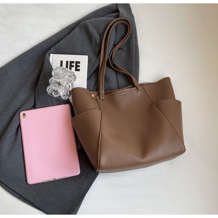Plain Faux Leather Tote Bag + Pouch