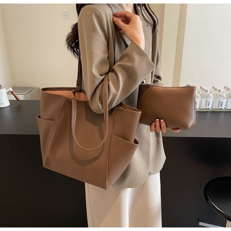 Plain Faux Leather Tote Bag + Pouch