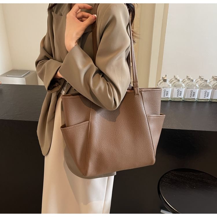 Plain Faux Leather Tote Bag + Pouch