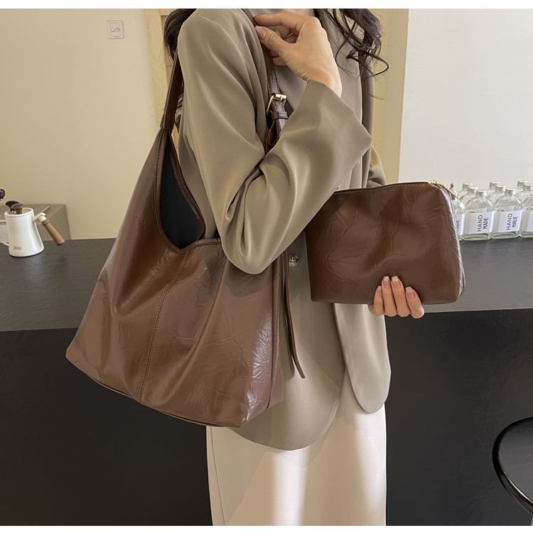 Faux Leather Shoulder Bag + Pouch