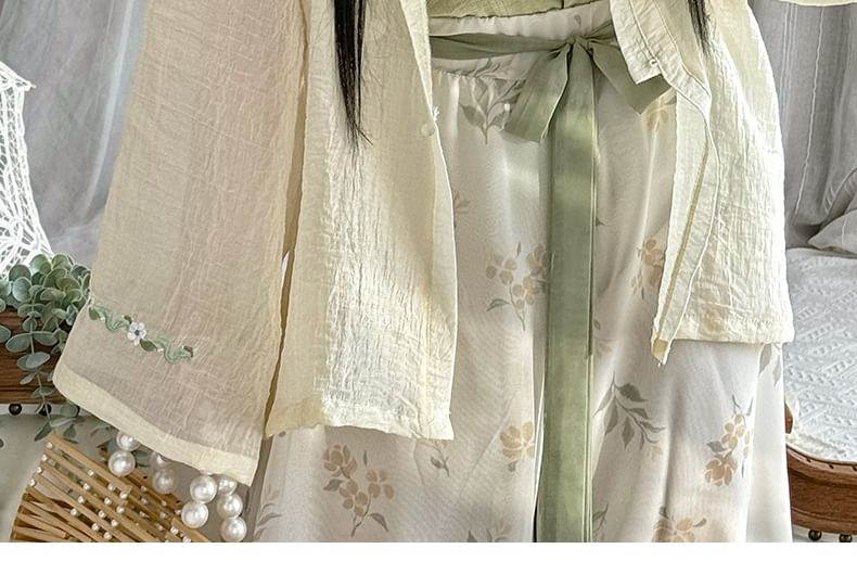 Plain Cami Top + High Waist Floral Print Baggy Pants + Open Front Jacket
