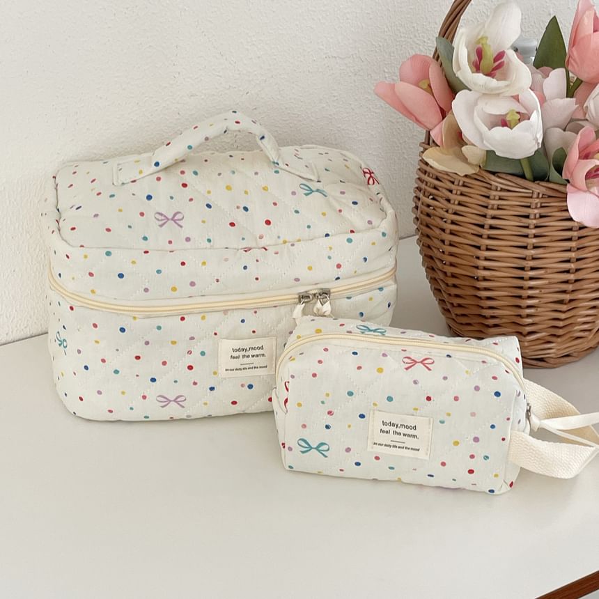 Bow Dotted Fabric Makeup Bag / Clutch