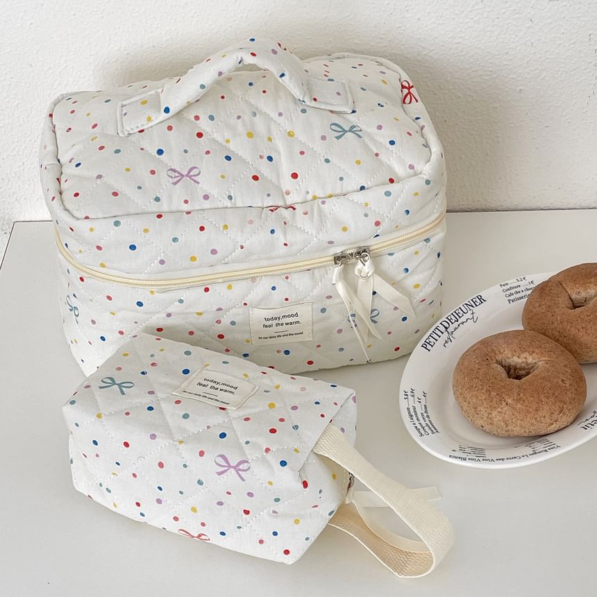 Bow Dotted Fabric Makeup Bag / Clutch