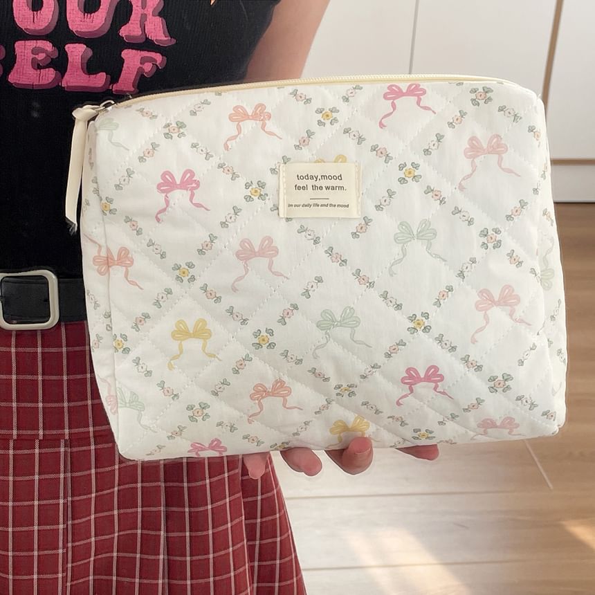 Lettering Applique Bow Fabric Makeup Bag / Clutch