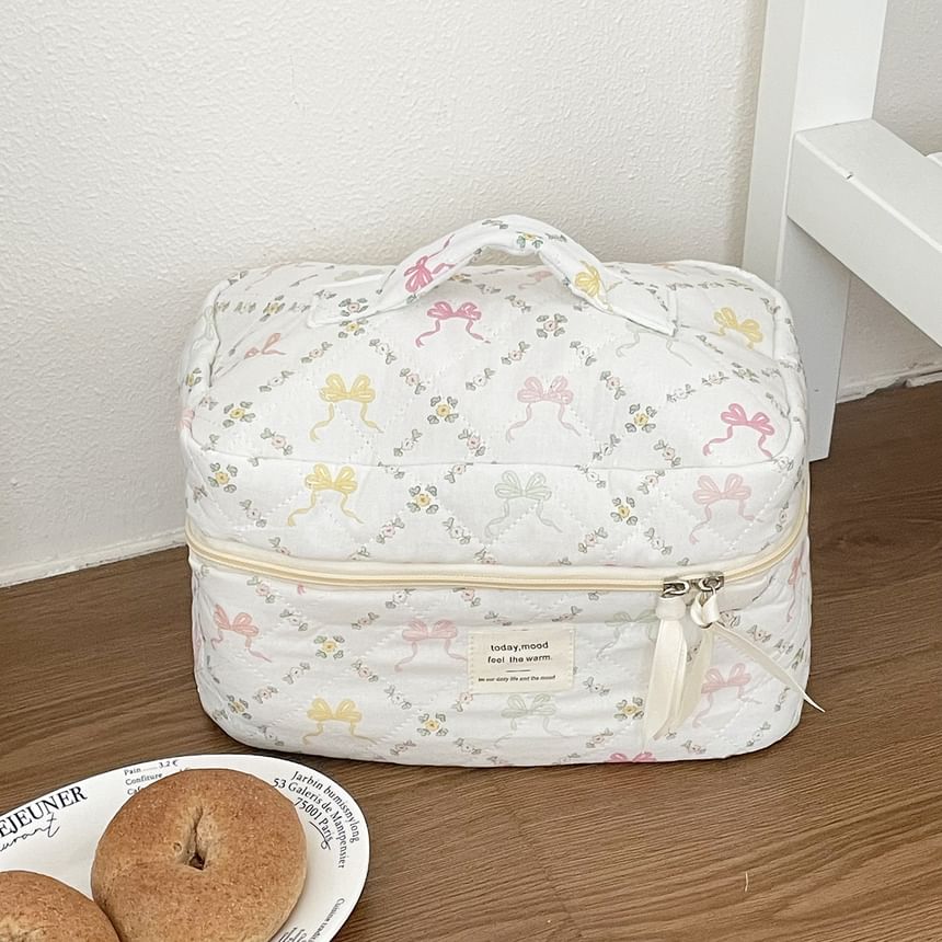 Lettering Applique Bow Fabric Makeup Bag / Clutch