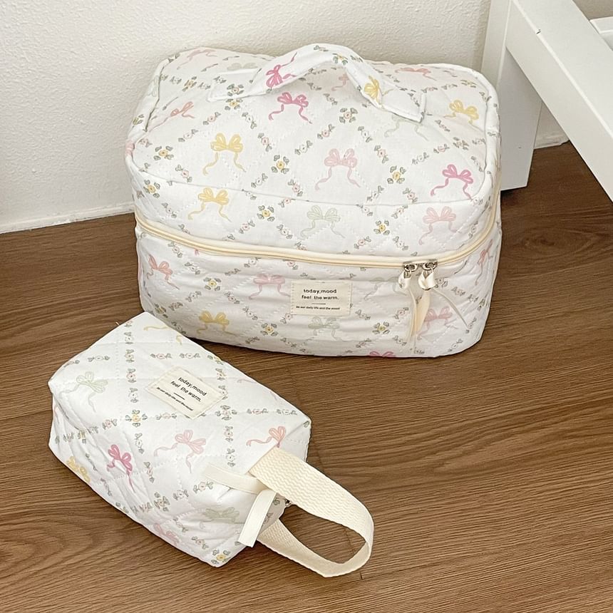 Lettering Applique Bow Fabric Makeup Bag / Clutch