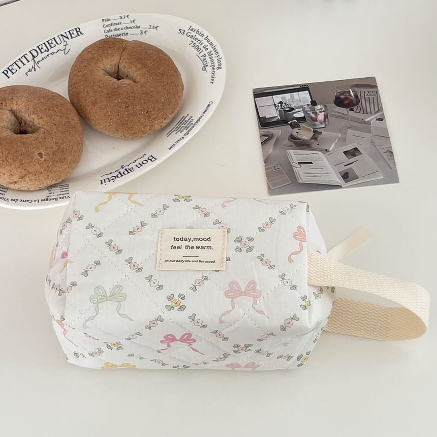 Lettering Applique Bow Fabric Makeup Bag / Clutch