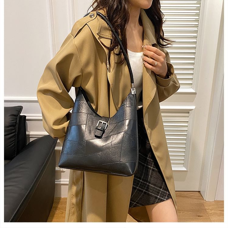 Faux Leather Buckled Tote Bag + Pouch