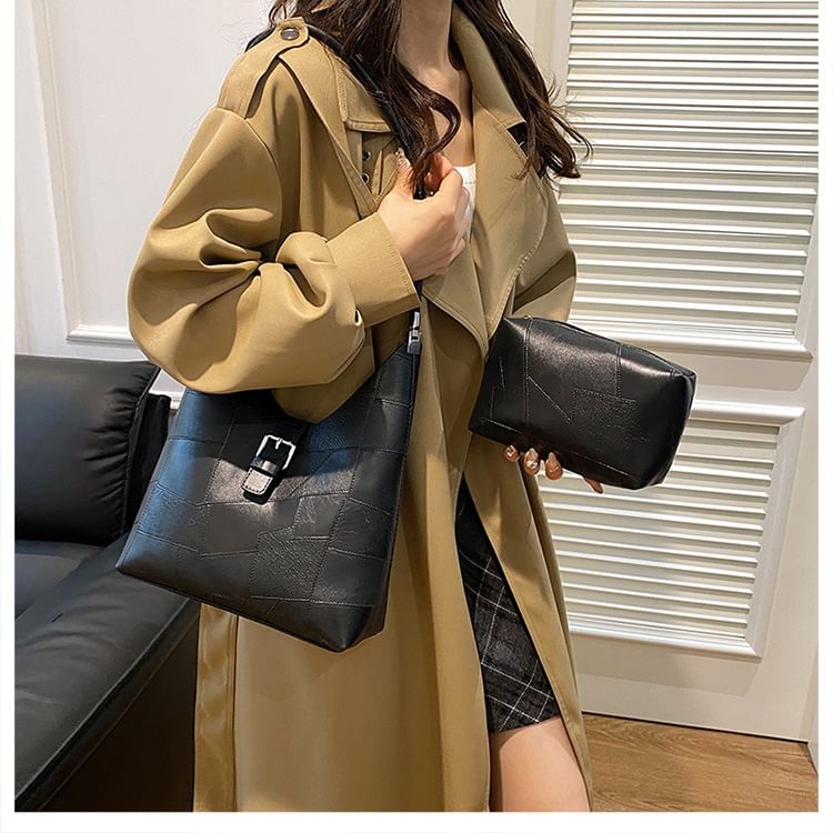 Faux Leather Buckled Tote Bag + Pouch