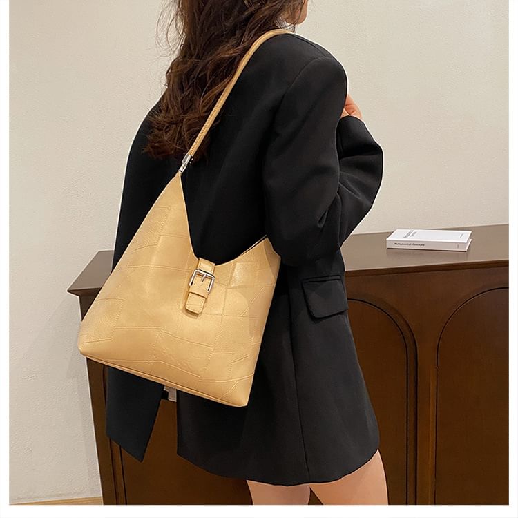 Faux Leather Buckled Tote Bag + Pouch
