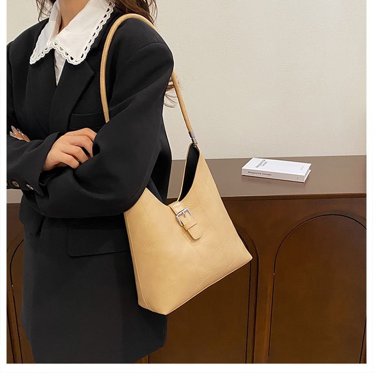 Faux Leather Buckled Tote Bag + Pouch