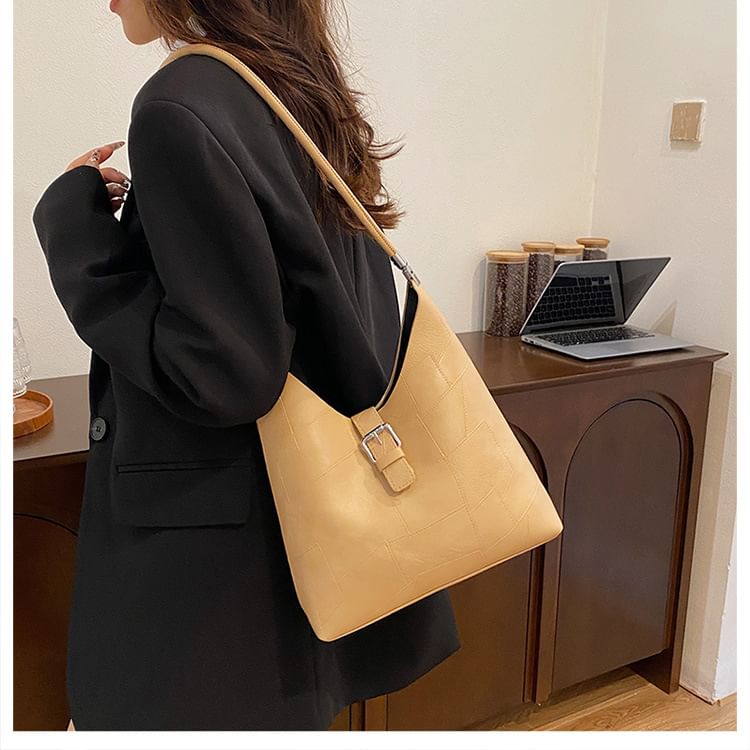 Faux Leather Buckled Tote Bag + Pouch