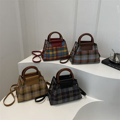 Plaid Shoulder Bag + Plain Faux Leather Pouch