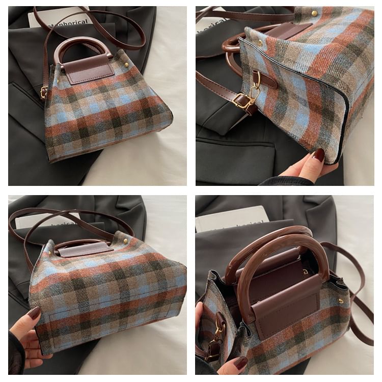Plaid Shoulder Bag + Plain Faux Leather Pouch