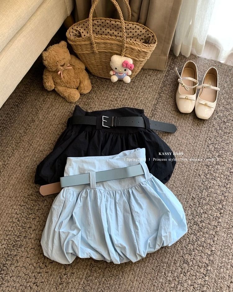 Belt Skirt Mini High Waist Paperbag Plain +