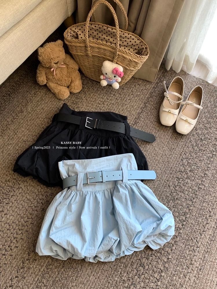 Belt Skirt Mini High Waist Paperbag Plain +