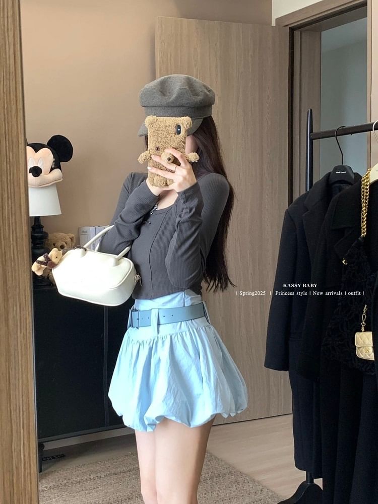 Belt Skirt Mini High Waist Paperbag Plain +