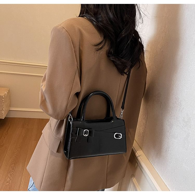 Faux Leather Crossbody Handle Buckled Bow Top Bag