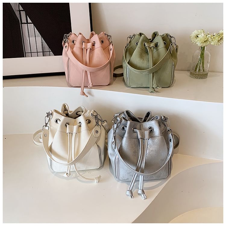 Leather Bag Drawstring Bucket Faux