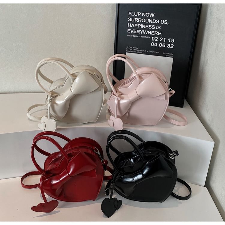 Bow Bag Faux Handle Top Heart Crossbody Leather
