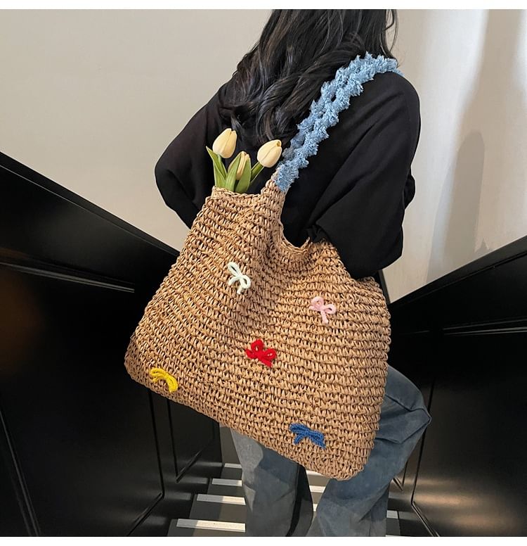 Tassel Strap Woven Tote Bag Bow