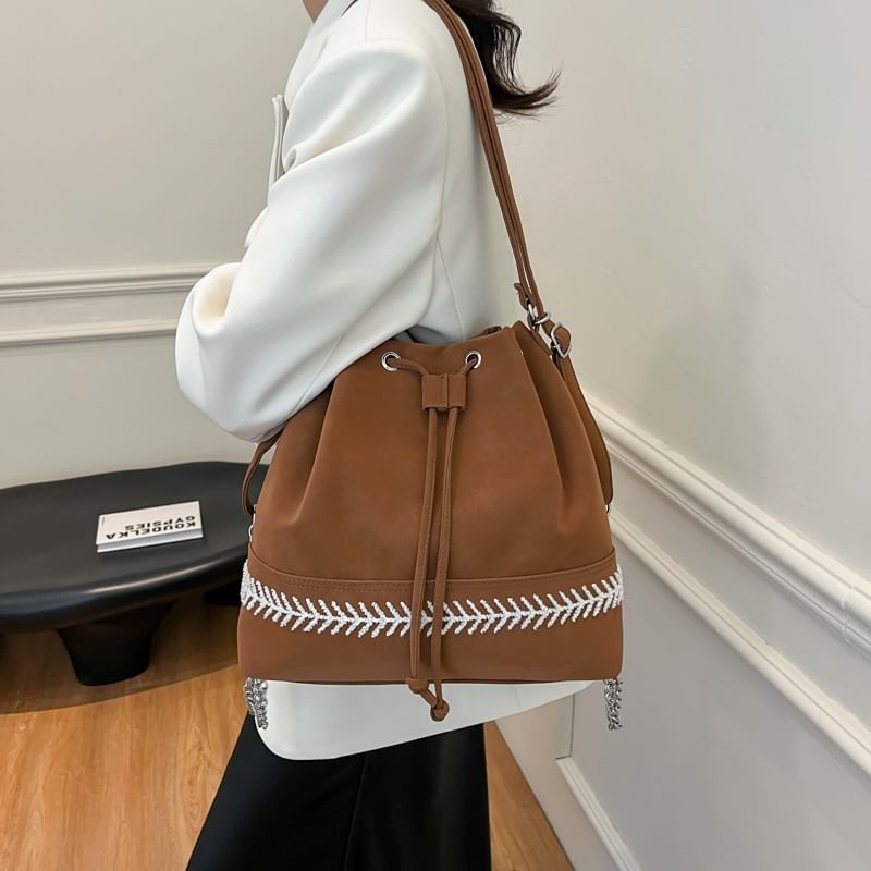 Bucket Drawstring Faux Tone Bag Leather Two