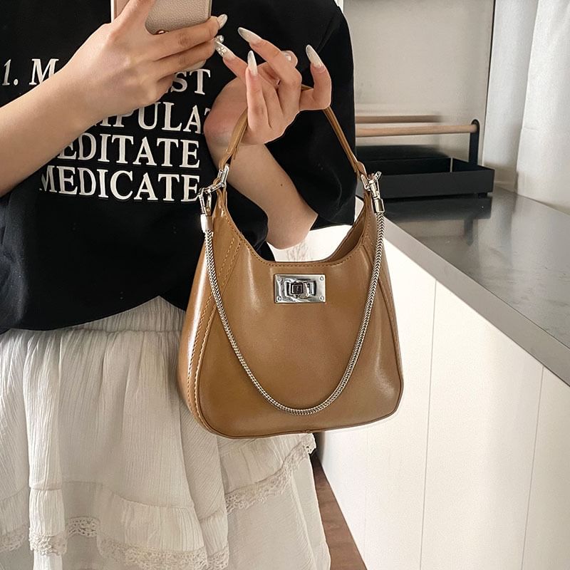 Top Faux Bag Leather Handle Twist Crossbody Lock