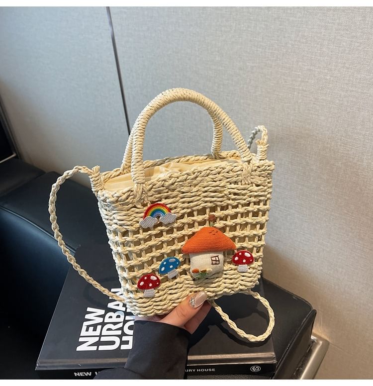 Top Applique Mushroom Straw Crossbody Bag Handle