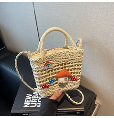 Top Applique Mushroom Straw Crossbody Bag Handle