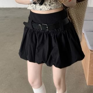 Belt Skirt Mini High Waist Paperbag Plain +