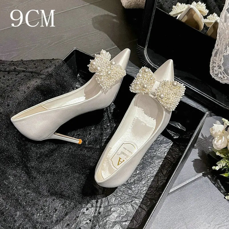 Large Size 34-43 Rhinestone Pearls White Wedding Shoes