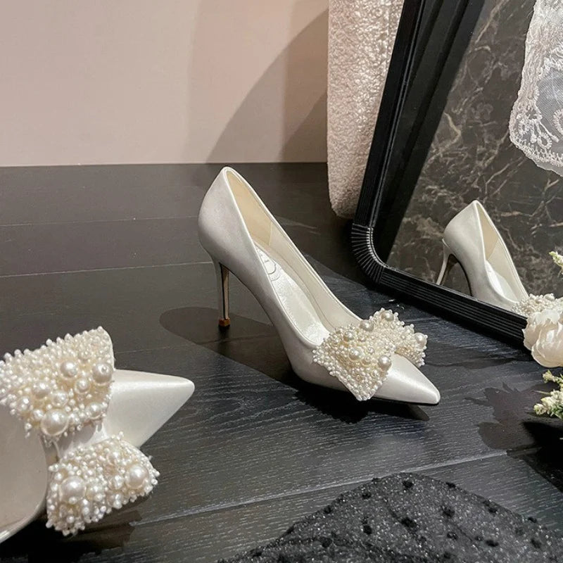 Large Size 34-43 Rhinestone Pearls White Wedding Shoes