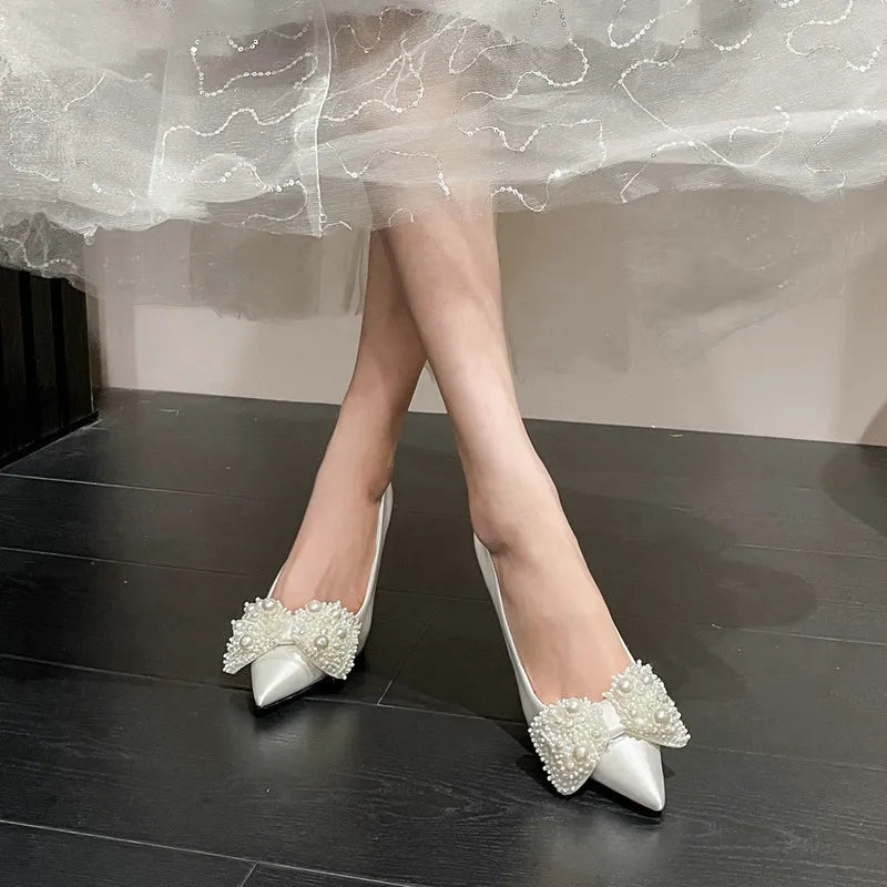 Large Size 34-43 Rhinestone Pearls White Wedding Shoes