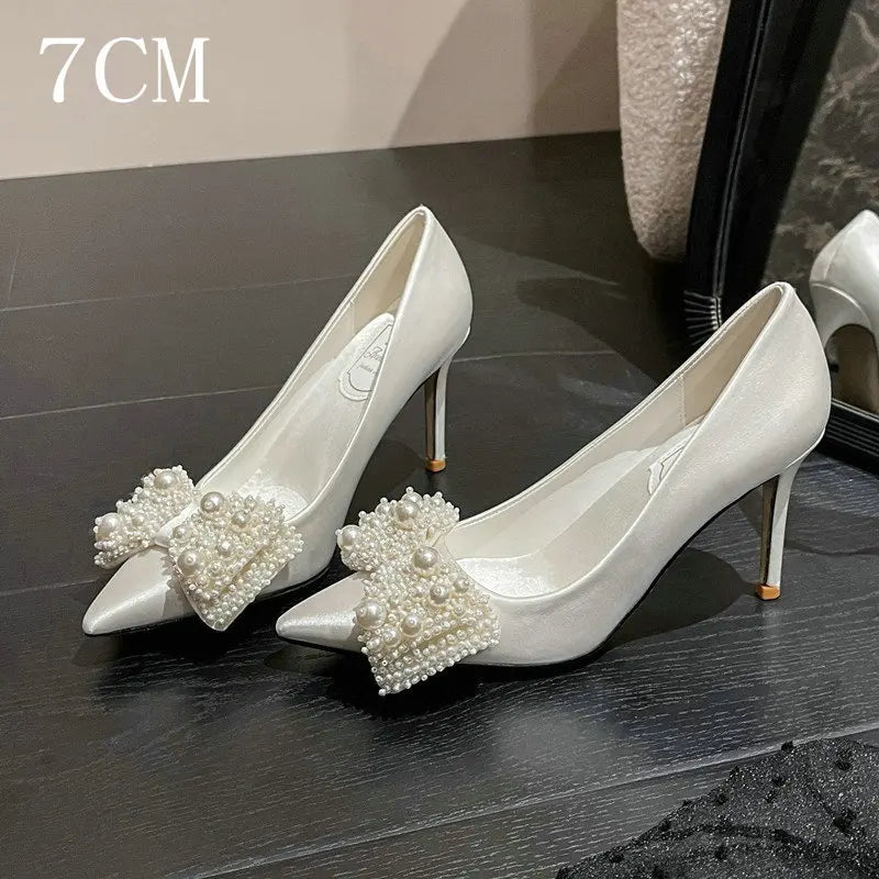 Large Size 34-43 Rhinestone Pearls White Wedding Shoes