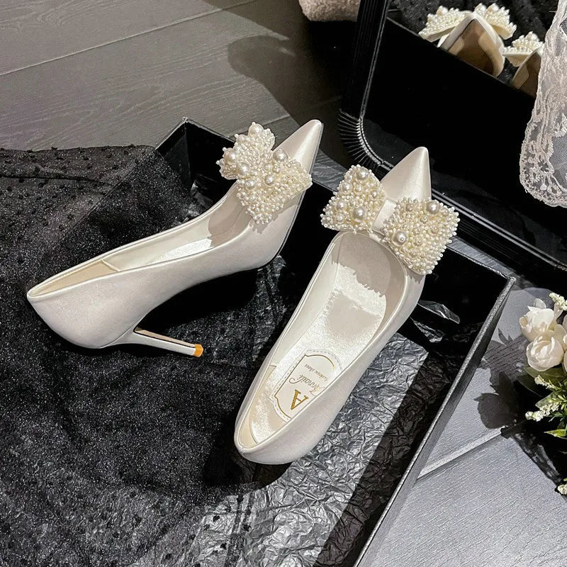 Large Size 34-43 Rhinestone Pearls White Wedding Shoes