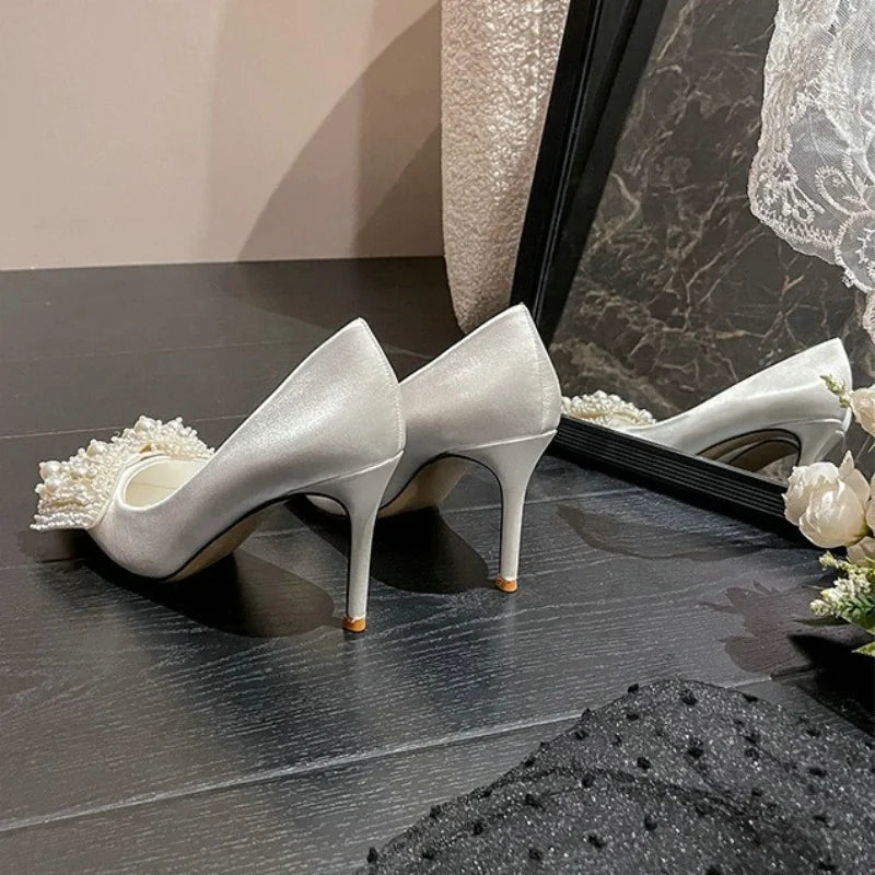 Large Size 34-43 Rhinestone Pearls White Wedding Shoes