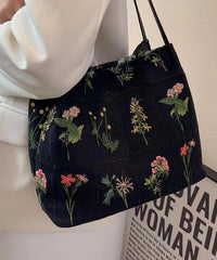 Black Embroidered Large Capacity Canvas Shoulder Bag