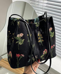 Black Embroidered Large Capacity Canvas Shoulder Bag
