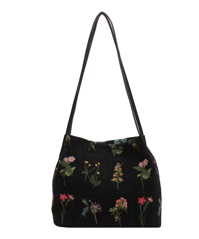 Black Embroidered Large Capacity Canvas Shoulder Bag