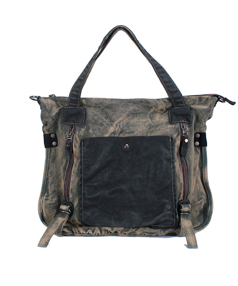 Coffee Large Capacity Cowhide Spliced Canvas Satchel Bags