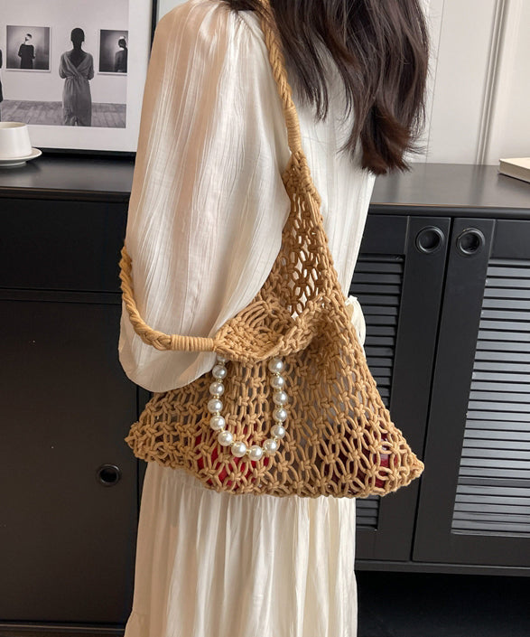 Khaki Hollow Out Beading Fashionable Weaving Satchel Bags II036