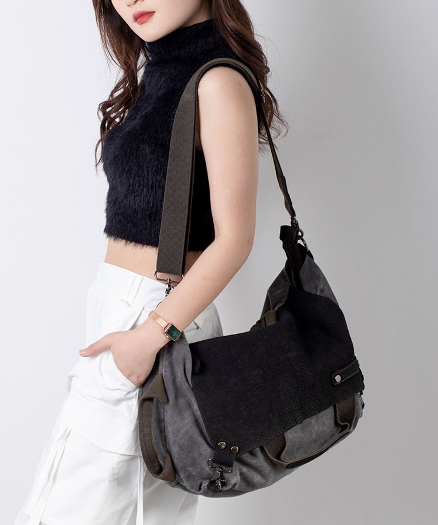 Versatile Large Capacity Calf Leather Patchwork Canvas Satchel Bags
