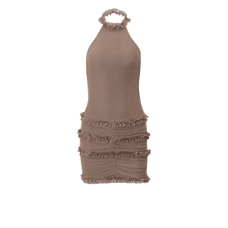 Rhinestone Pleated Halter Back Dress