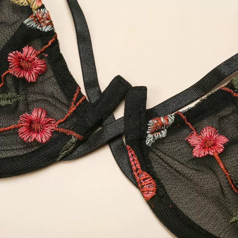 Black Base With Embroidered Cutout Lingerie Set