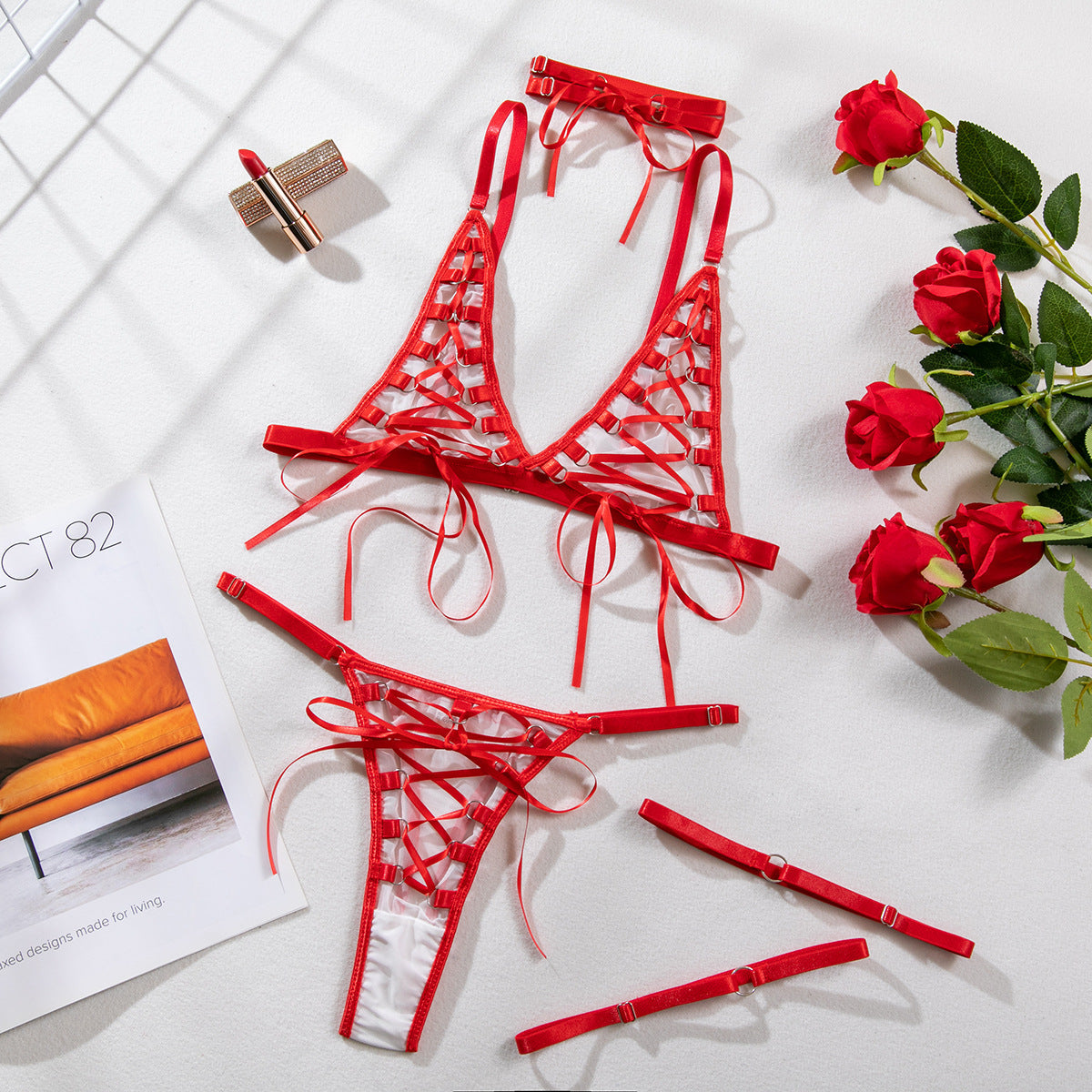 Sheer Strap Crossover Neck Bra Set