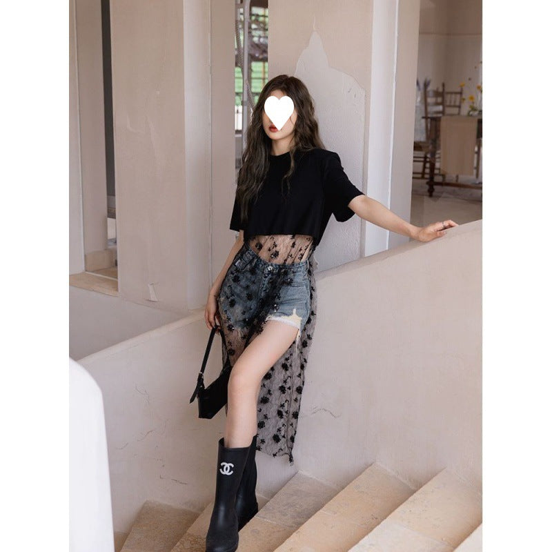 Gradient Color Mesh Fake Two Piece Loose T-Shirt