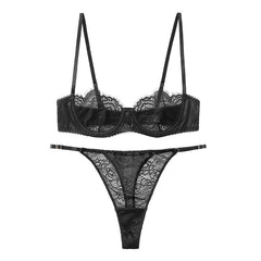 Sexy Satin Lace Half Cup Slim Bralette Set