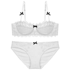 Ultra Thin Translucent Half Cup Lace Bra Sexy Push Up Bralette Set