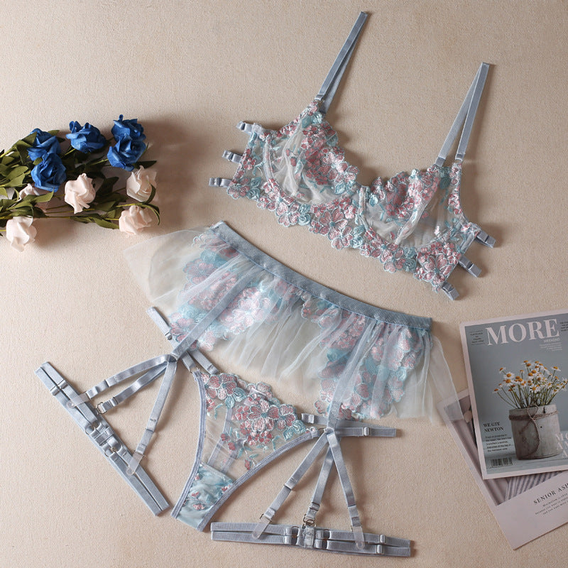 Beautiful Floral Embroidered Mesh Lingerie Set
